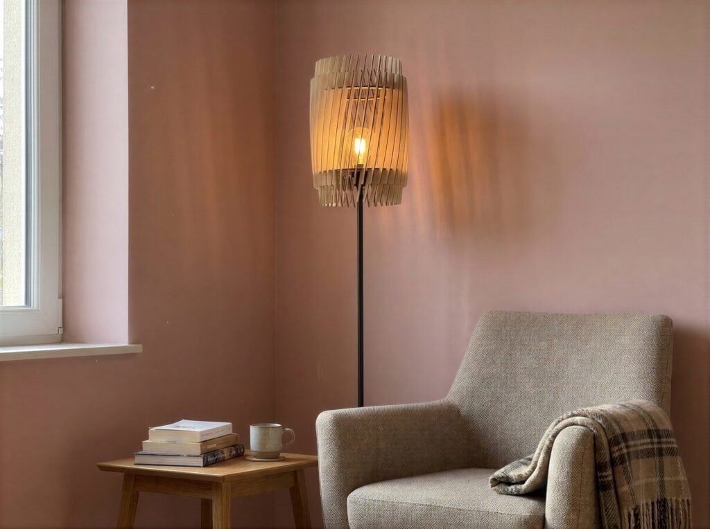 Lampadaire bois Alice dans un coin lecture au mur rosé, près d'un fauteuil