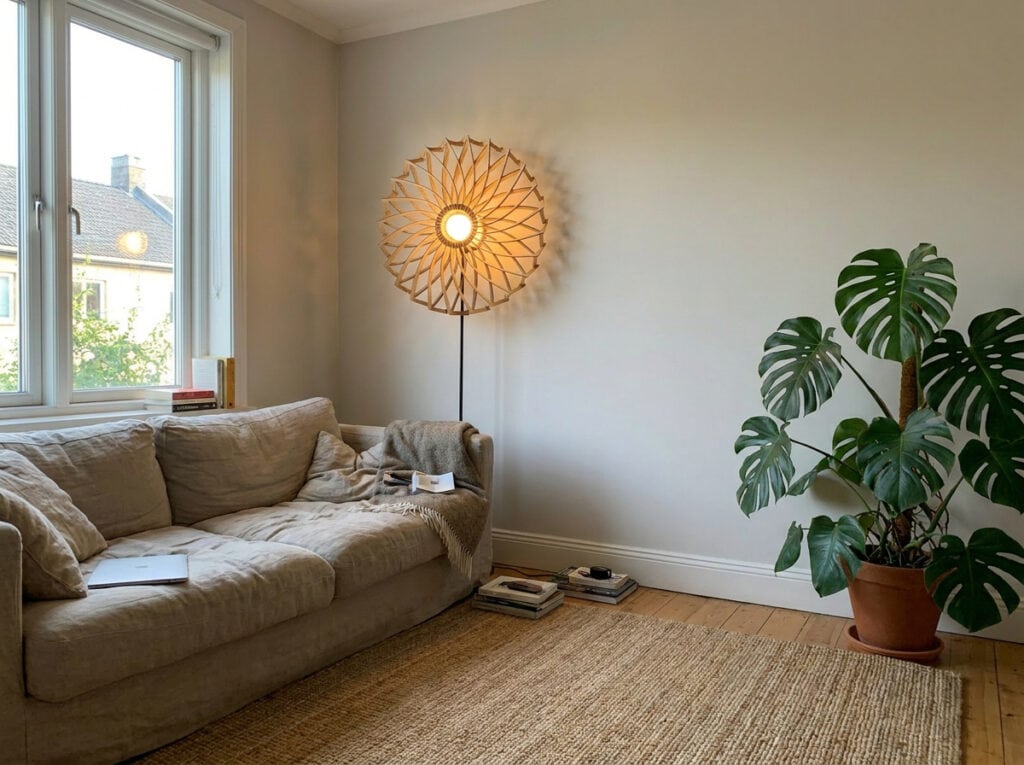 Lampadaire en bois Charlie dans un salon, près d'un canapé et d'une plante