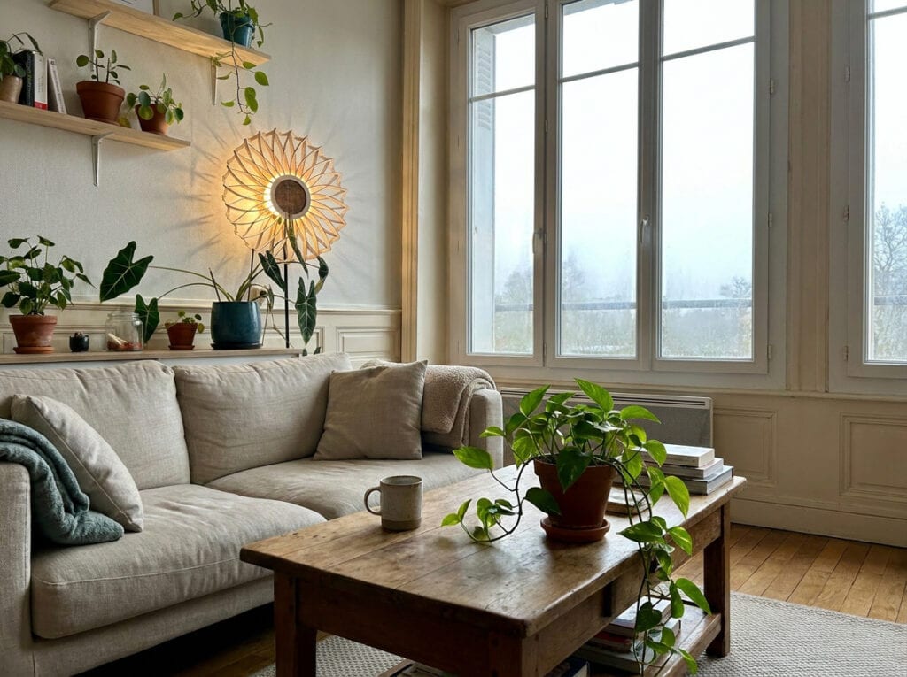 Lampadaire bois Charlie dans un salon, devant une fenêtre et des plantes