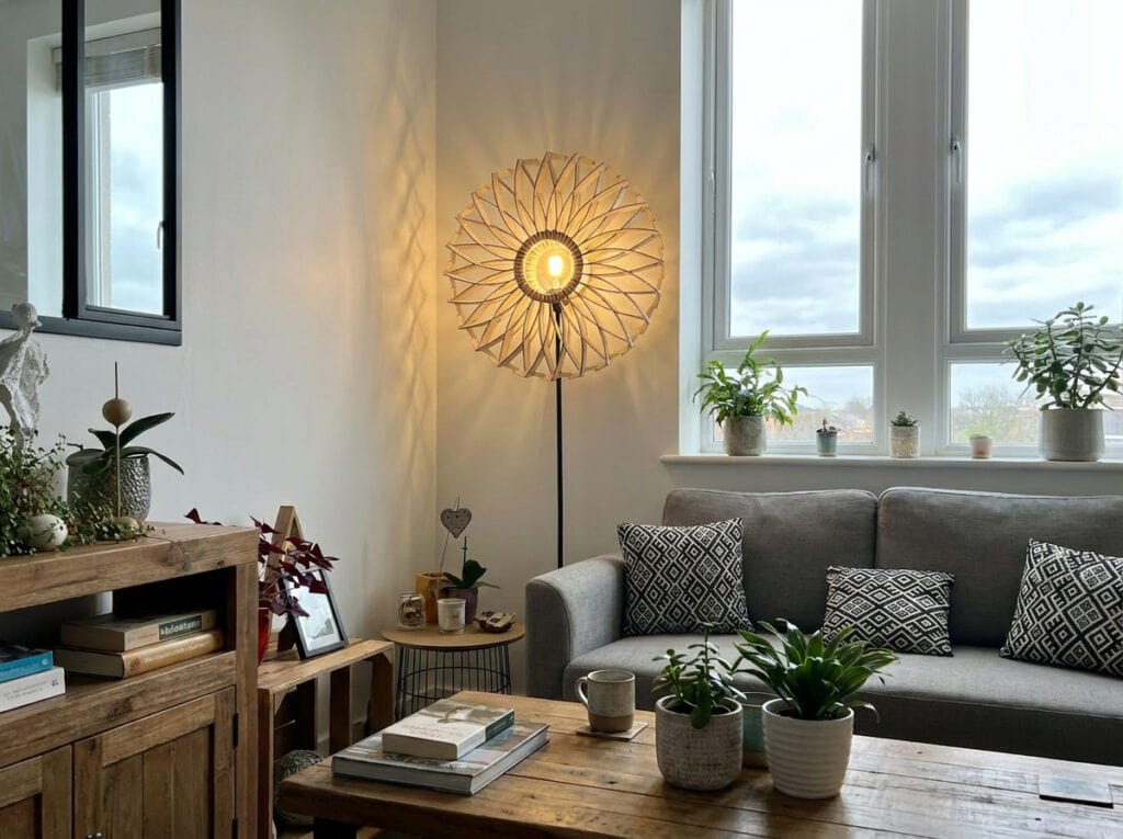 Lampadaire bois Charlie dans un salon, près d'un canapé d'angle gris