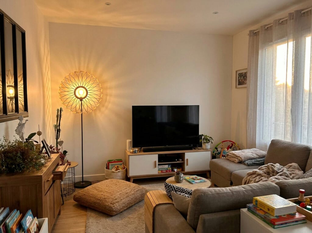 Lampadaire en bois Charlie dans un salon, canapé et télévision