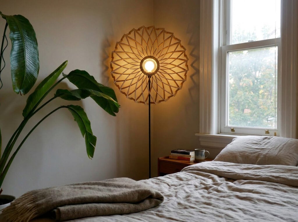 Lampadaire bois Charlie dans une chambre, à côté du lit et d'une plante