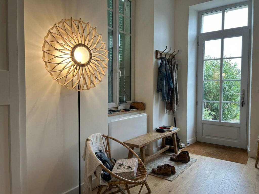 Lampadaire bois Charlie dans une chambre, près d'une fenêtre