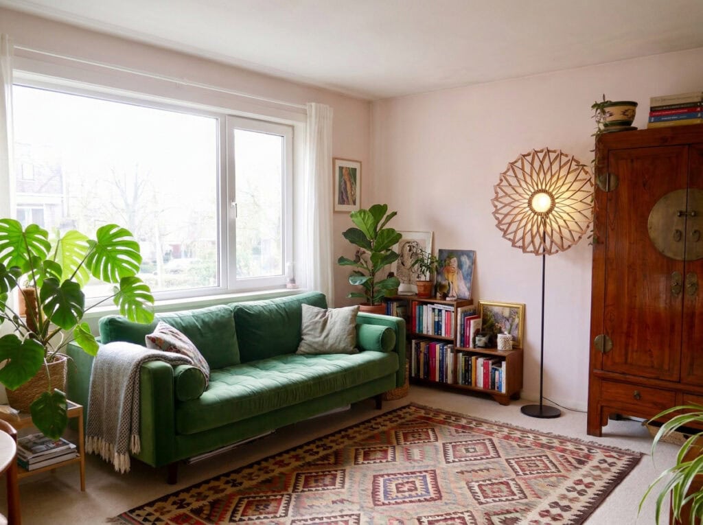Lampadaire en bois Charlie dans un salon bohème, canapé vert et plantes