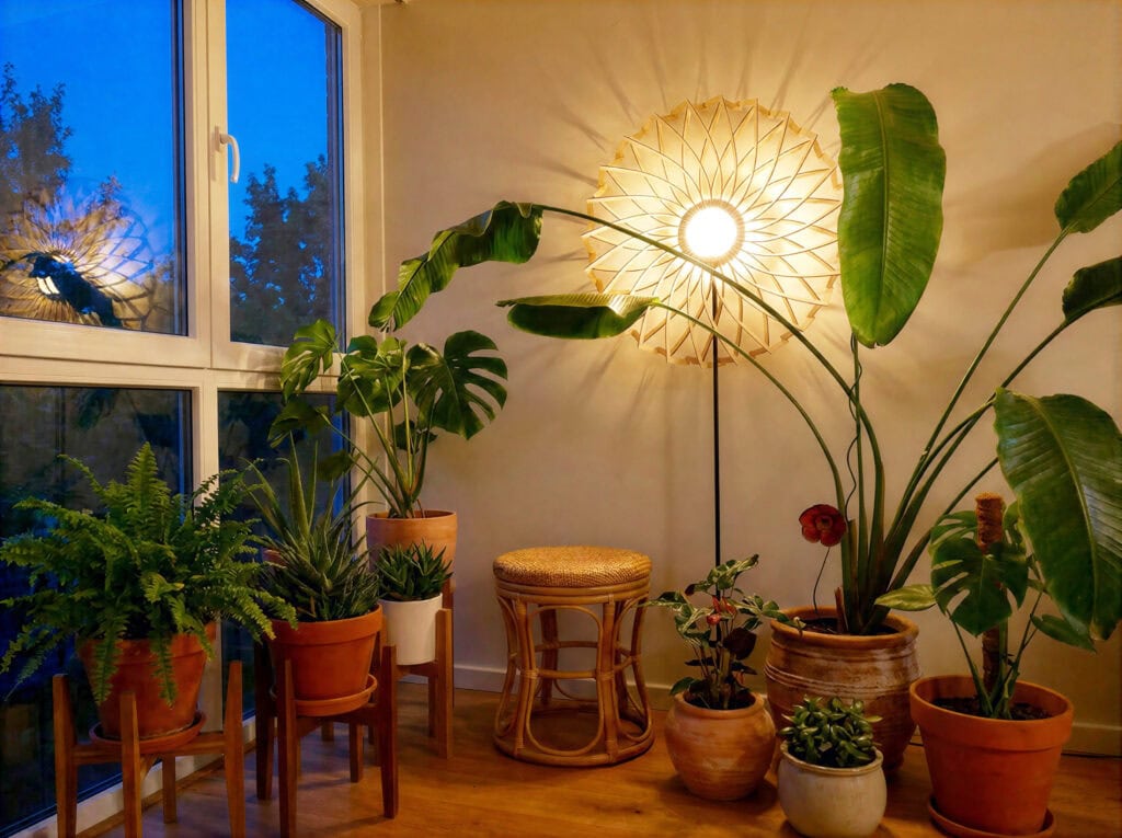 Lampadaire en bois Charlie dans un coin cosy près d'une fenêtre, plantes