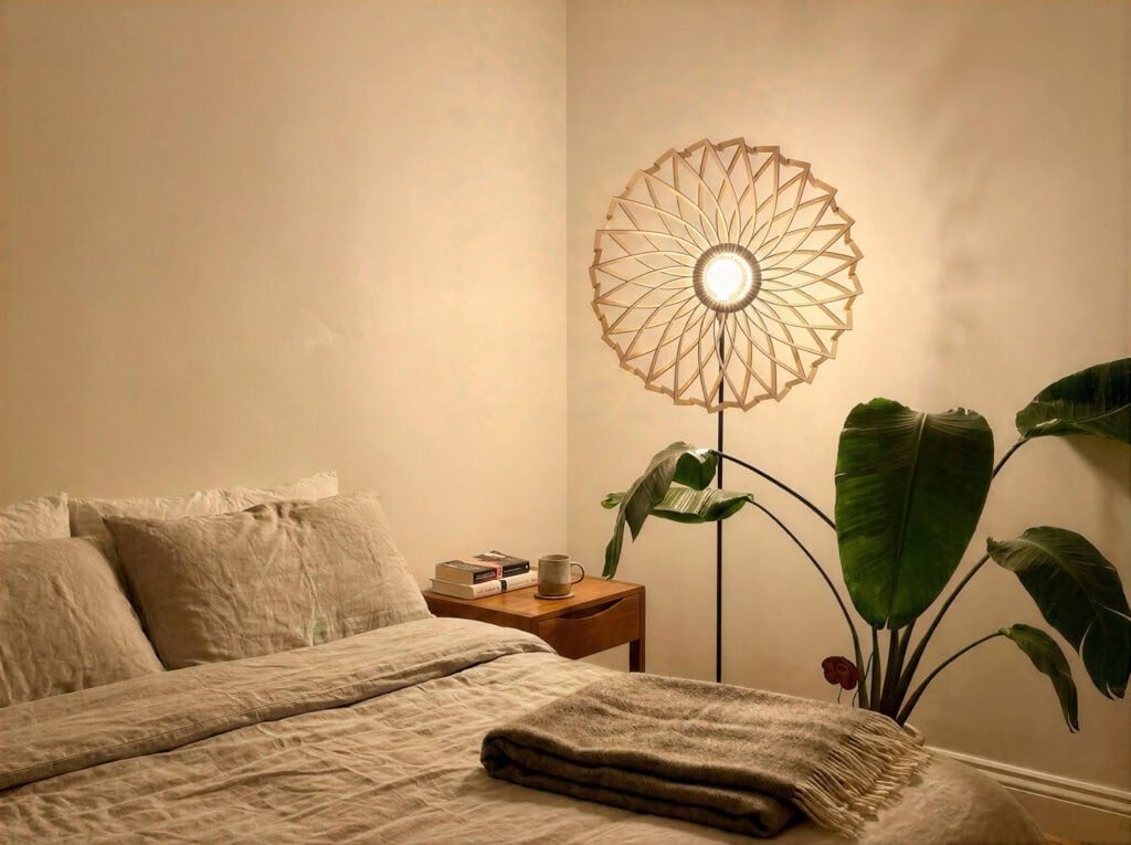 Lampadaire bois Charlie dans un salon, près d'un canapé et d'une plante
