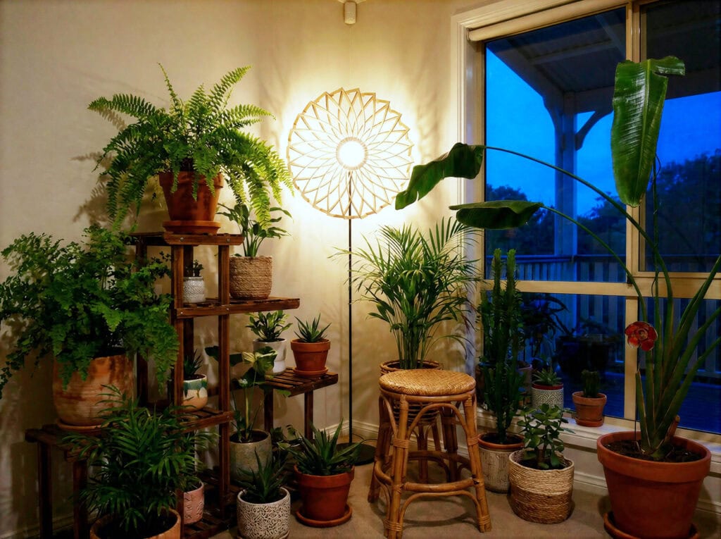 Lampadaire bois Charlie dans un coin plantes près d'une fenêtre, le soir