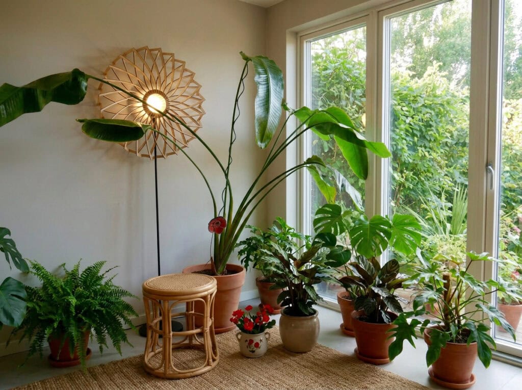 Lampadaire bois Charlie dans une pièce lumineuse remplie de plantes