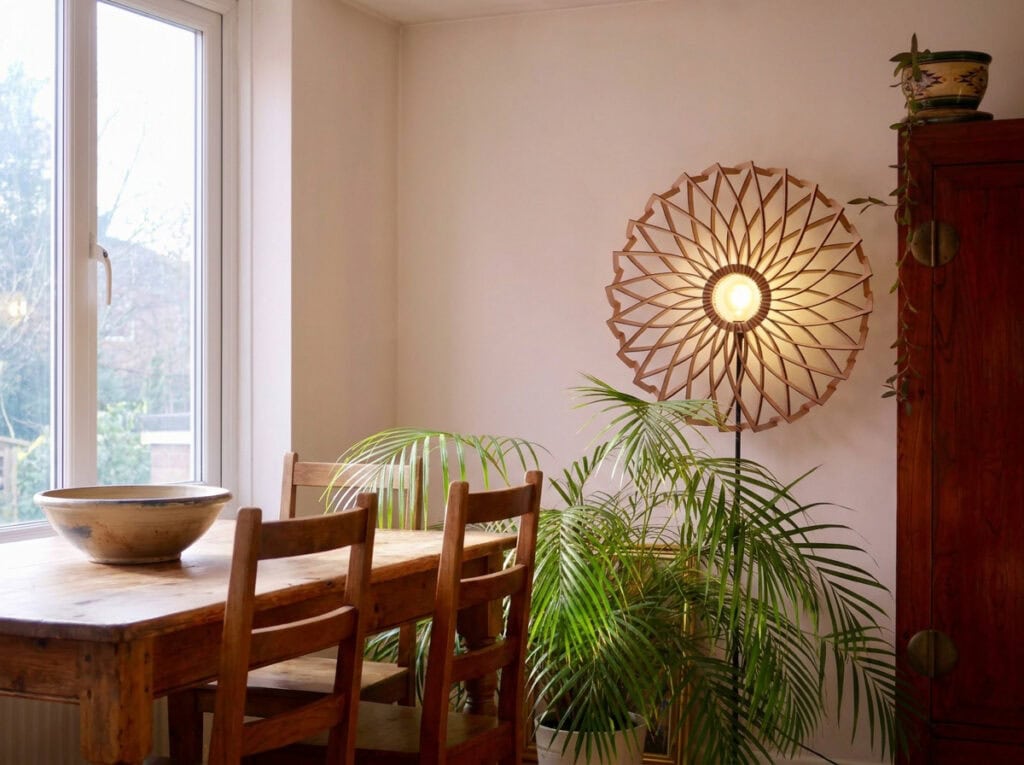 Lampadaire en bois Charlie dans une salle à manger au mur rosé
