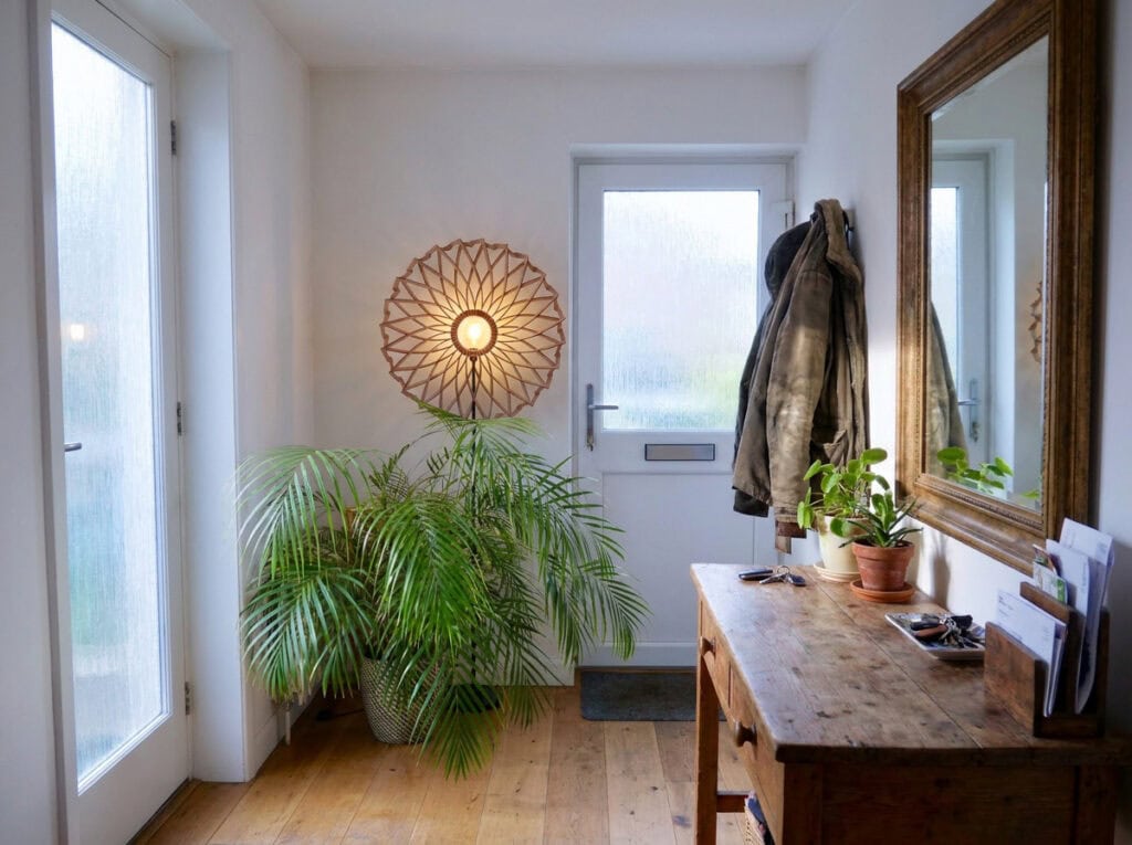 Lampadaire bois Charlie dans une entrée, près d'une porte