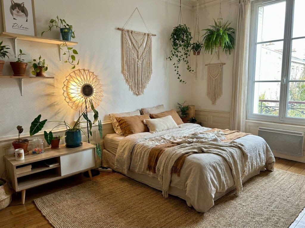 Lampadaire en bois Charlie dans une chambre bohème, macramé et plantes