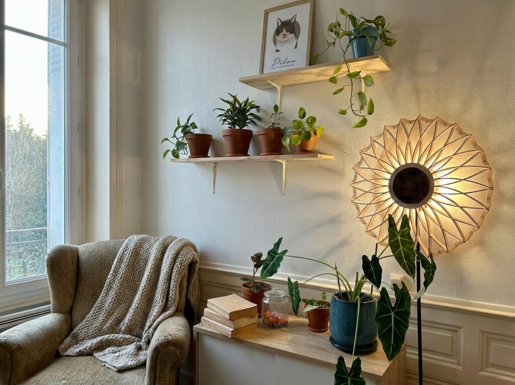 Lampadaire bois Charlie dans une chambre, près d'une fenêtre