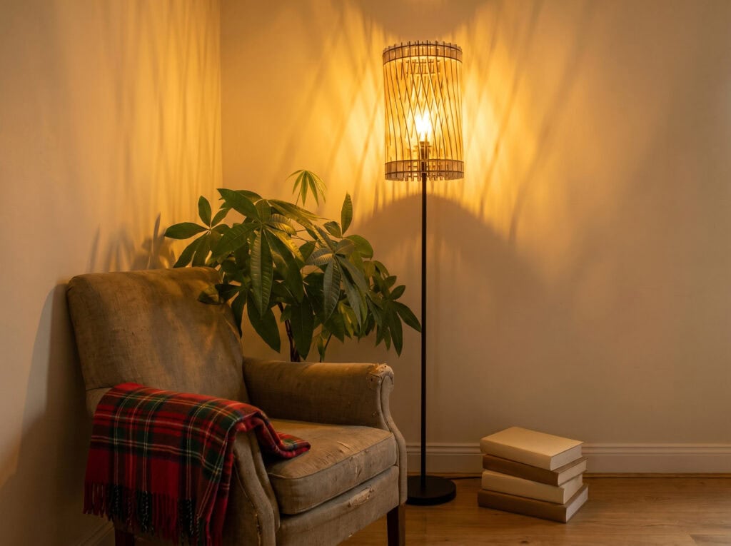 Lampadaire en bois Vincent dans un salon, entre une plante et un buffet
