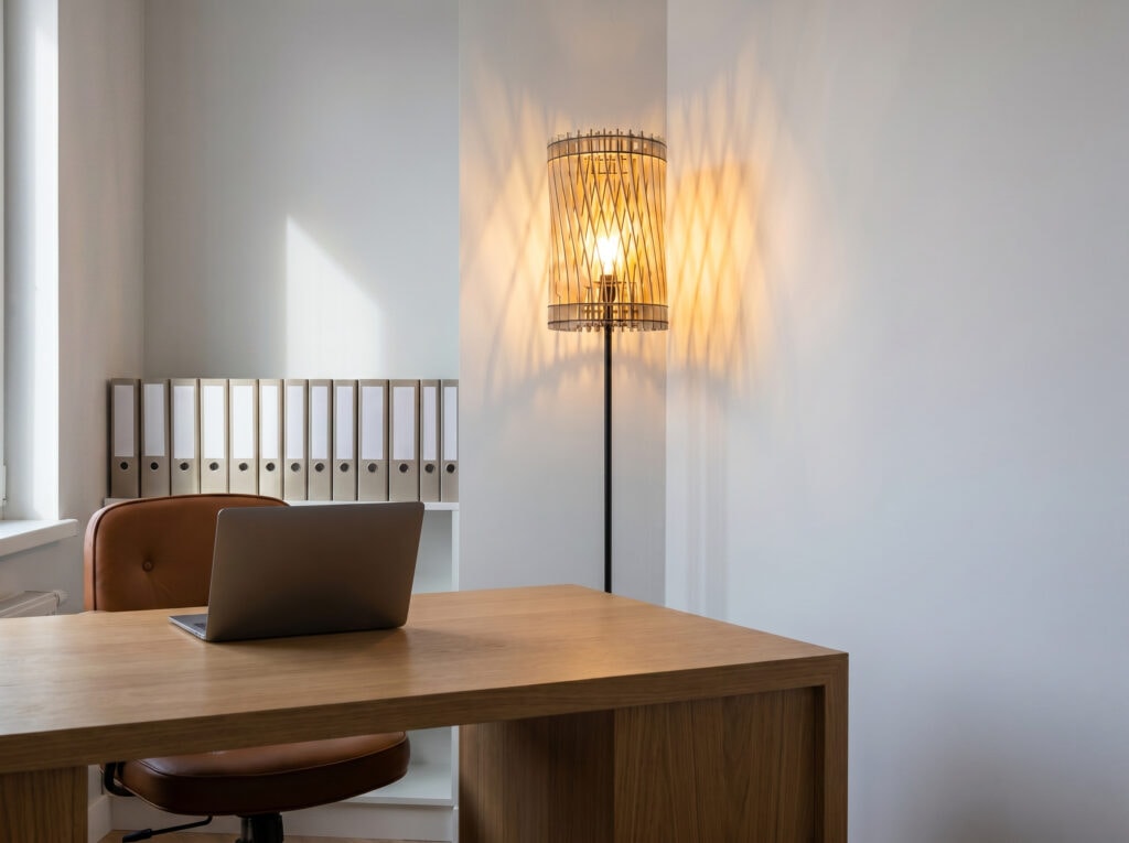 Lampadaire en bois Vincent dans une chambre d'enfant aux murs clairs