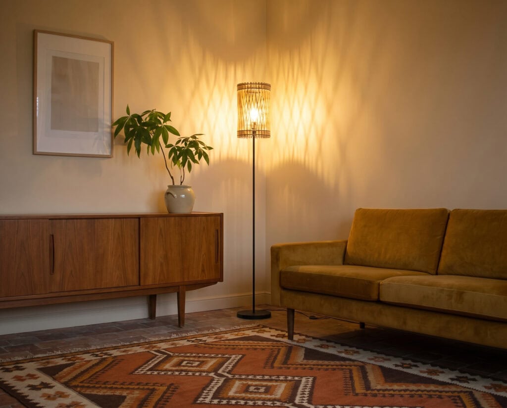 Lampadaire bois Vincent dans un salon, entre un buffet en bois et le canapé
