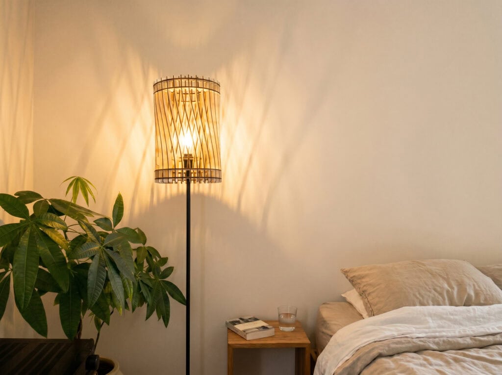 Lampadaire bois Vincent diffusant une lumière chaude dans une chambre