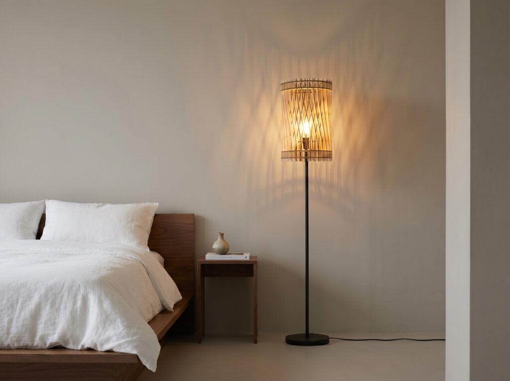 Lampadaire en bois Vincent allumé dans une chambre, près du lit