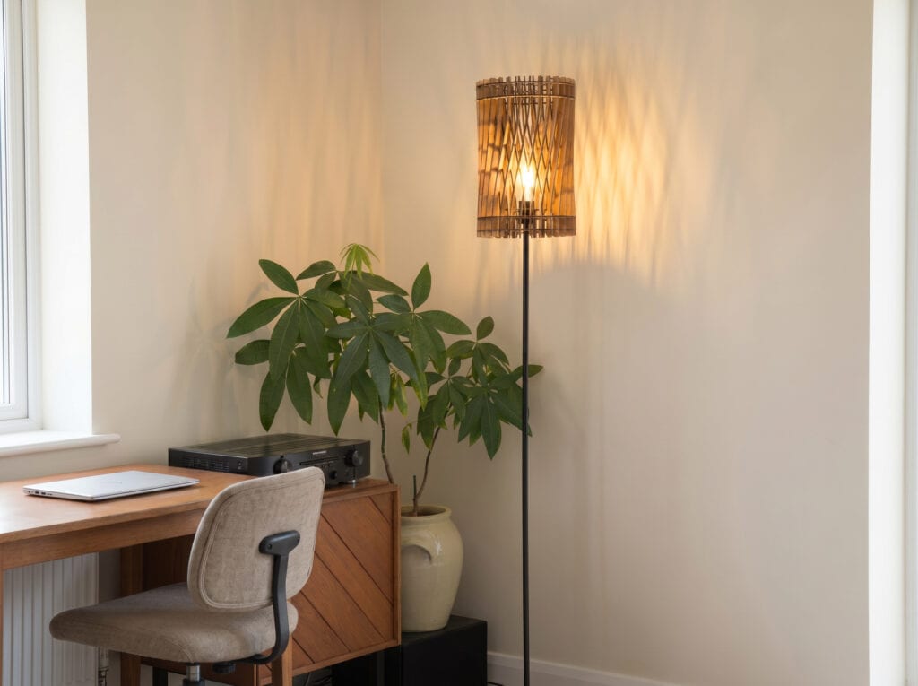 Lampadaire bois Vincent à côté d'une plante verte et d'un buffet en bois