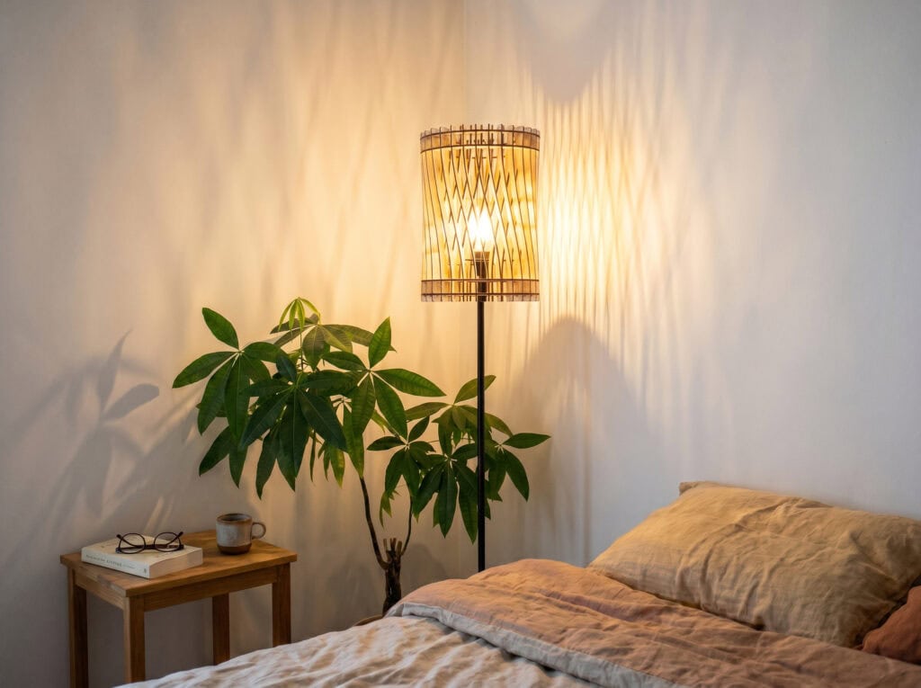 Lampadaire bois Vincent à côté d'un lit dans une chambre