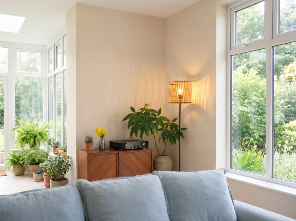 Lampadaire bois Vincent devant une baie vitrée donnant sur la verdure