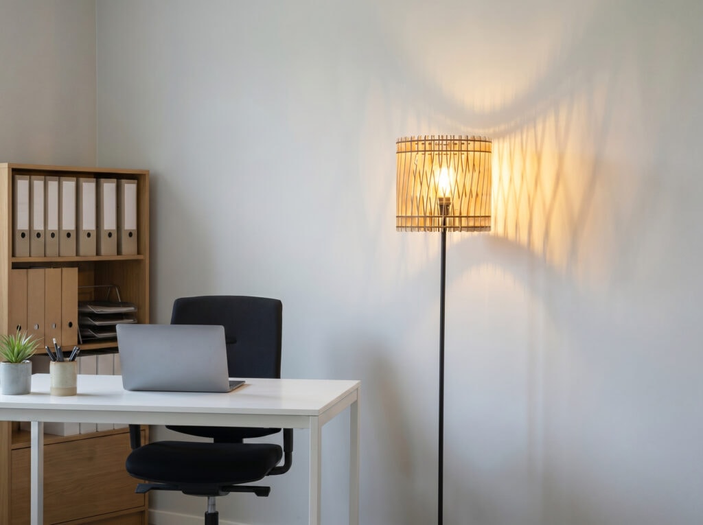 Lampadaire bois Vincent dans un bureau, à côté d'un meuble en bois