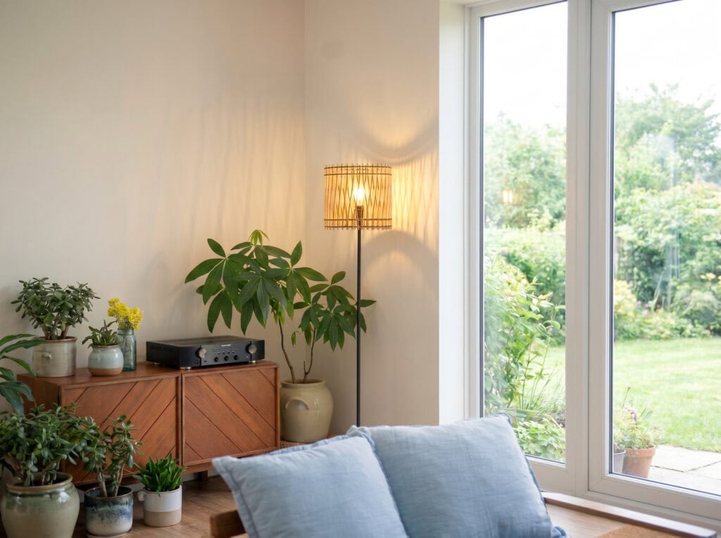 Lampadaire en bois Vincent dans une pièce lumineuse, près d'une fenêtre
