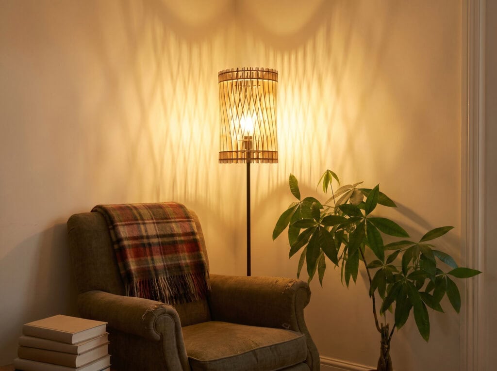 Lampadaire en bois Vincent diffusant une lumière tamisée, près d'une plante et d'un fauteuil