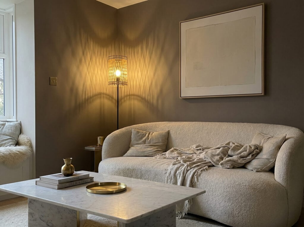 Lampadaire en bois Vincent devant un mur taupe, près d'un canapé coussins