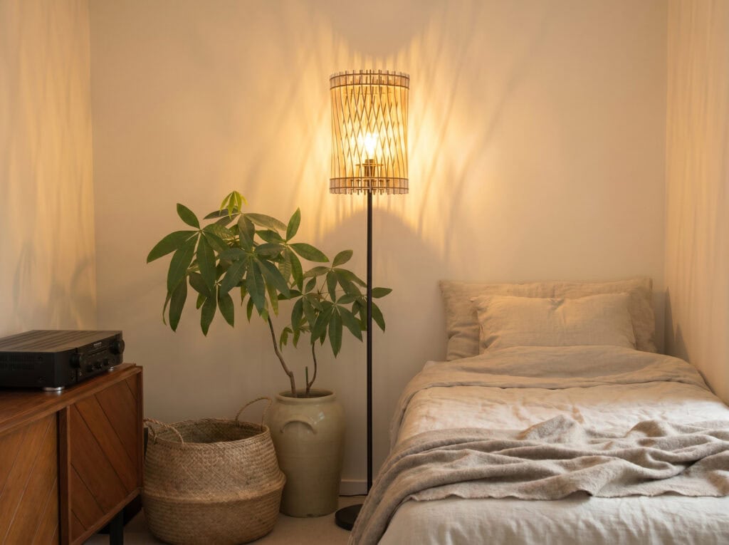 Lampadaire bois Vincent dans une chambre, à côté d'une plante verte